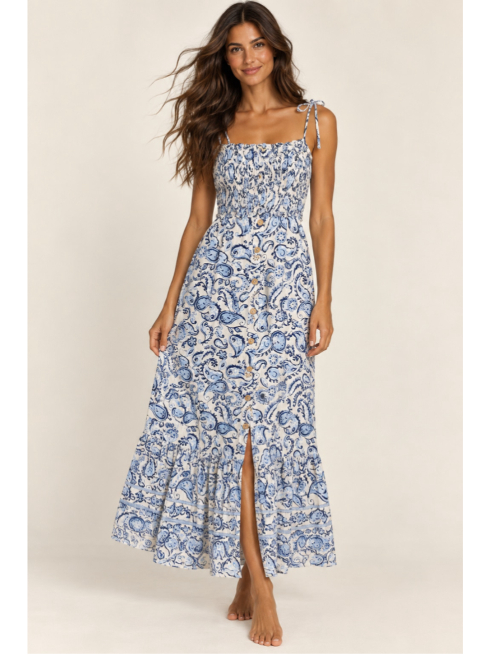 Zara Paisley Linen Smocked Boho Maxi Dress XS Coastal Nautical Breezy Italy Chic